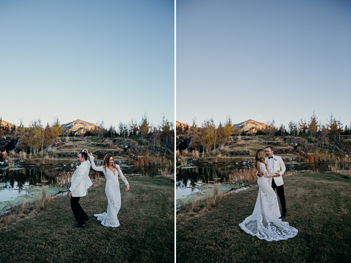 A couple dance after their Jackson Hole wedding at sunset
