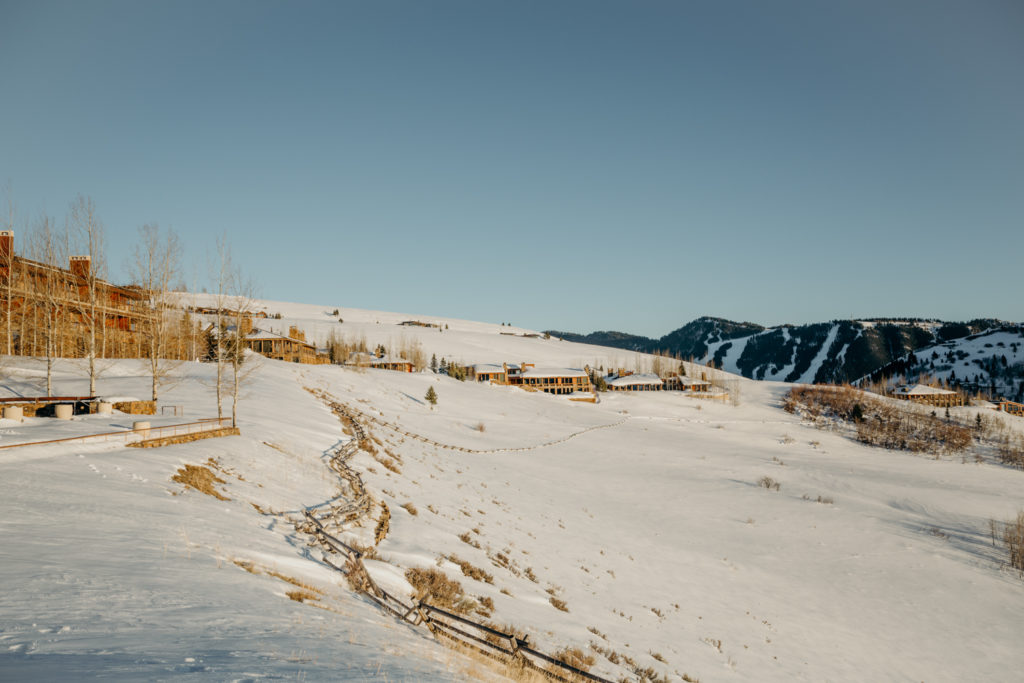 view of amangani resort in jackson hole wyoming at sunset